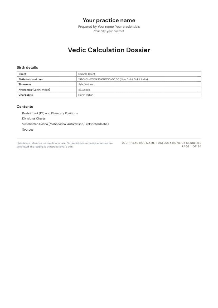 The dossier cover, carrying the practice name, the practitioner line, the client's birth details and a contents list.